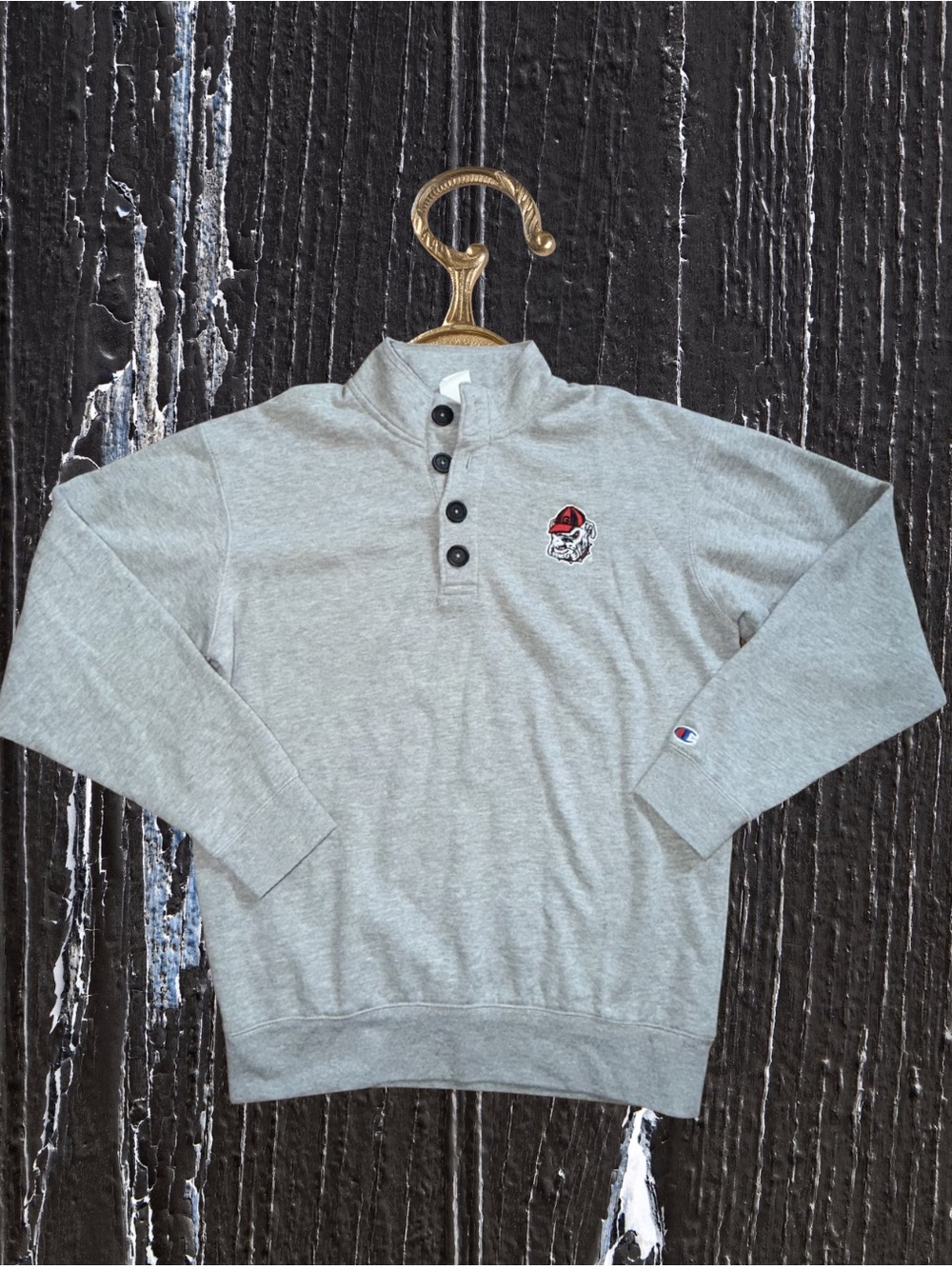 Champion UGA Grey Pullover with Embroidered Bulldog Patch Sz Medium